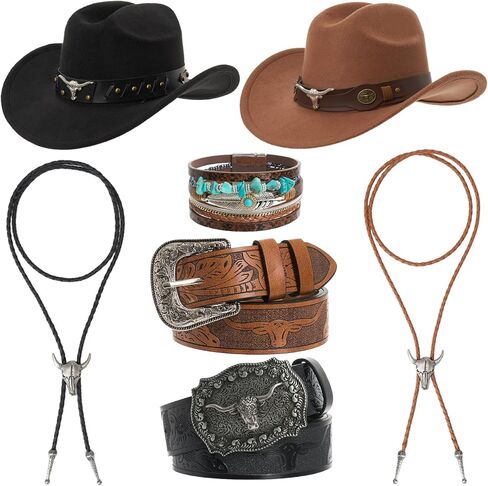 7 Pcs Western Cowboy Hat Couples Set Wide Brim Cowgirl Hats Cow Skull Necklaces Bohemian Bracelets Tie Western Leather Belt for Men Women Black and Brown in Saudi Arabia