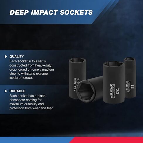 Neiko 02475A 1/2" Drive Deep Impact Socket Set, 14 Piece | 6 Point Metric Sizes (11-32 mm) | Cr-V Steel in Saudi Arabia