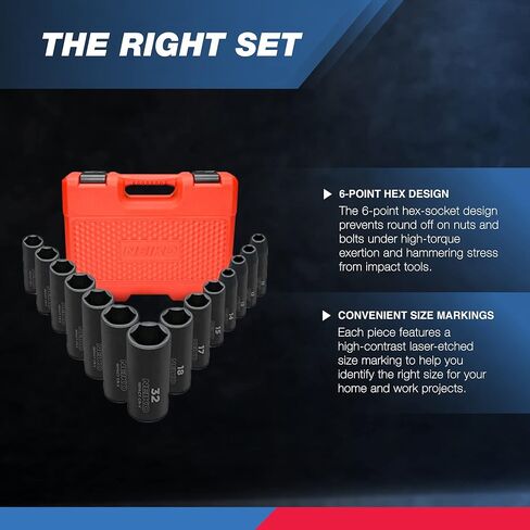 Neiko 02475A 1/2" Drive Deep Impact Socket Set, 14 Piece | 6 Point Metric Sizes (11-32 mm) | Cr-V Steel in Saudi Arabia