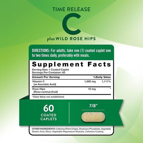 Vitamin C 1000mg | 60 Caplets | with Wild Rose HIPS | Vegetarian, Non-GMO & Gluten Free Supplement | by Nature's Truth in Kuwait
