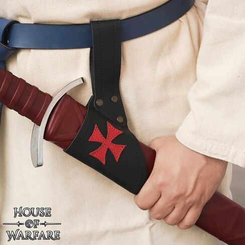 ضفدع سيف القرون الوسطى – جلد طبيعي بسمك 2 مم | حامل السيف مع رقعة الصليب الأحمر | إكسسوار LARP، Crusader، Knight وRenaissance in Kuwait