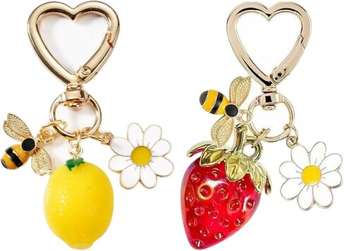 Resin Keychain 2-Pack, Cute Strawberry and Lemon Heart Shape Key Rings for Women Girls, Christmas Valentine's Day Gift for Friends, Couples in Kuwait