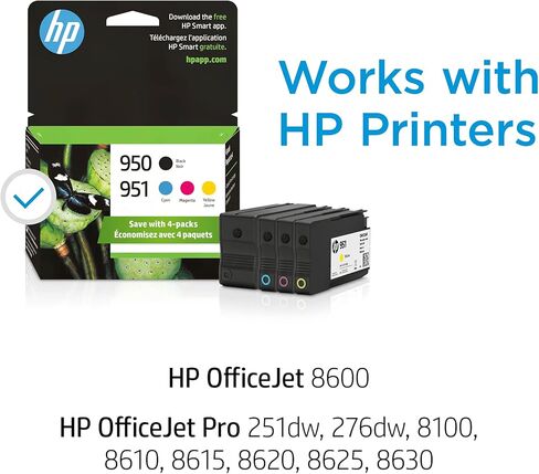 خراطيش حبر HP 950 أسود/951 سماوي وأرجواني وأصفر (4 عبوات) | يعمل OfficeJet 8600، OfficeJet Pro 251dw، 276dw، 8100، 8610، 8620،8625 8630 Series | مؤهلة للحصول على الحبر الفوري | X4E06AN in Kuwait