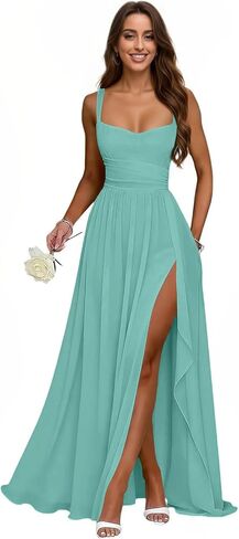 IIF Bridesmaid Dresses Square Neck Long Chiffon Ruffle Slit Pleated Evening Dresses for Women IIF204 in Kuwait
