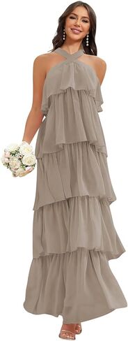 Halter Bridesmaid Dresses for Women Chiffon Tiered Ruffle Long Formal Wedding Guest Dress in Kuwait