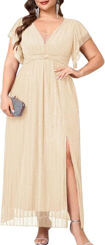 Plus Size Sparkly Formal Maxi Dress V Neck A Line Ruffle Sleeves Slit Evening Gown Wedding Guest Cocktail Prom in Kuwait