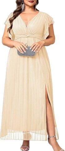 Plus Size Sparkly Formal Maxi Dress V Neck A Line Ruffle Sleeves Slit Evening Gown Wedding Guest Cocktail Prom in Kuwait
