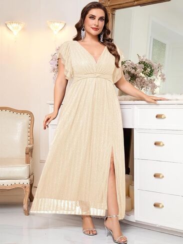 Plus Size Sparkly Formal Maxi Dress V Neck A Line Ruffle Sleeves Slit Evening Gown Wedding Guest Cocktail Prom in Kuwait