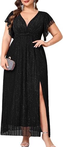 Plus Size Sparkly Formal Maxi Dress V Neck A Line Ruffle Sleeves Slit Evening Gown Wedding Guest Cocktail Prom in Kuwait