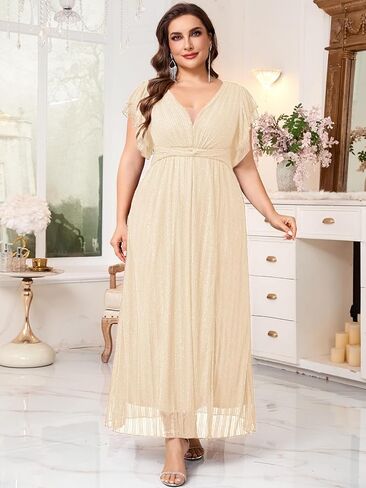 Plus Size Sparkly Formal Maxi Dress V Neck A Line Ruffle Sleeves Slit Evening Gown Wedding Guest Cocktail Prom in Kuwait