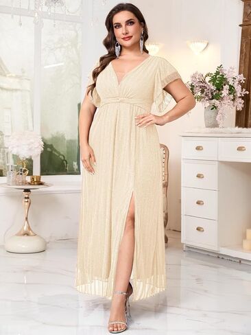 Plus Size Sparkly Formal Maxi Dress V Neck A Line Ruffle Sleeves Slit Evening Gown Wedding Guest Cocktail Prom in Kuwait