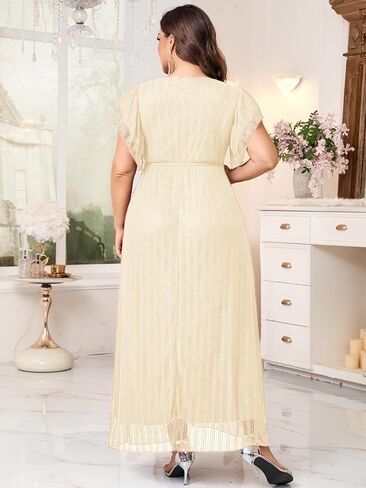 Plus Size Sparkly Formal Maxi Dress V Neck A Line Ruffle Sleeves Slit Evening Gown Wedding Guest Cocktail Prom in Kuwait