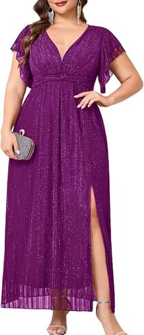 Plus Size Sparkly Formal Maxi Dress V Neck A Line Ruffle Sleeves Slit Evening Gown Wedding Guest Cocktail Prom in Kuwait