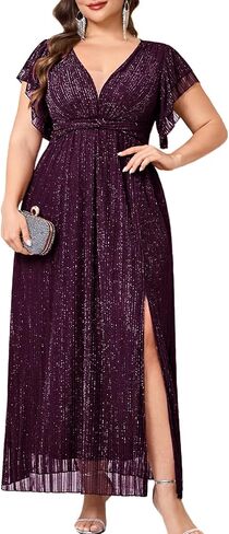 Plus Size Sparkly Formal Maxi Dress V Neck A Line Ruffle Sleeves Slit Evening Gown Wedding Guest Cocktail Prom in Kuwait