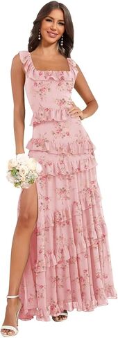 Tiered Ruffles Chiffon Bridesmaid Dresses Long for Wedding with Slit Square Neck Formal Dress in Saudi Arabia