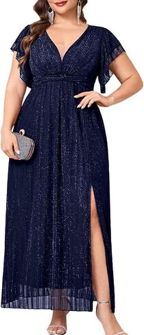 Plus Size Sparkly Formal Maxi Dress V Neck A Line Ruffle Sleeves Slit Evening Gown Wedding Guest Cocktail Prom in Kuwait