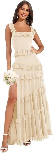 Tiered Ruffles Chiffon Bridesmaid Dresses Long for Wedding with Slit Square Neck Formal Dress in Saudi Arabia