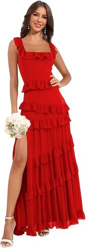 Tiered Ruffles Chiffon Bridesmaid Dresses Long for Wedding with Slit Square Neck Formal Dress in Saudi Arabia