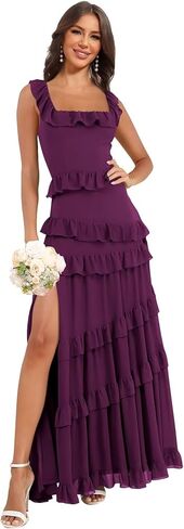 Tiered Ruffles Chiffon Bridesmaid Dresses Long for Wedding with Slit Square Neck Formal Dress in Saudi Arabia