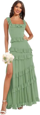 Tiered Ruffles Chiffon Bridesmaid Dresses Long for Wedding with Slit Square Neck Formal Dress in Saudi Arabia