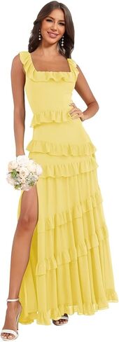 Tiered Ruffles Chiffon Bridesmaid Dresses Long for Wedding with Slit Square Neck Formal Dress in Saudi Arabia