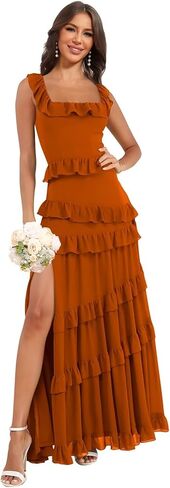 Tiered Ruffles Chiffon Bridesmaid Dresses Long for Wedding with Slit Square Neck Formal Dress in Saudi Arabia