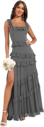Tiered Ruffles Chiffon Bridesmaid Dresses Long for Wedding with Slit Square Neck Formal Dress in Saudi Arabia