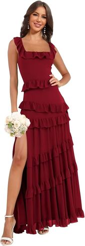 Tiered Ruffles Chiffon Bridesmaid Dresses Long for Wedding with Slit Square Neck Formal Dress in Saudi Arabia
