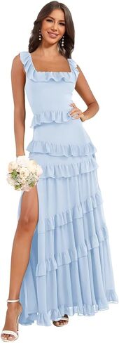 Tiered Ruffles Chiffon Bridesmaid Dresses Long for Wedding with Slit Square Neck Formal Dress in Saudi Arabia