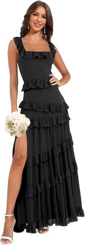 Tiered Ruffles Chiffon Bridesmaid Dresses Long for Wedding with Slit Square Neck Formal Dress in Saudi Arabia