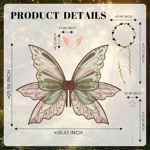 Large Fairy Wings Adult Women 35" Sparkle Butterfly Costume Set with Elf Ears Wreath Wand for Halloween Party in Saudi Arabia