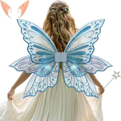 Large Fairy Wings Adult Women 35" Sparkle Butterfly Costume Set with Elf Ears Wreath Wand for Halloween Party in Saudi Arabia
