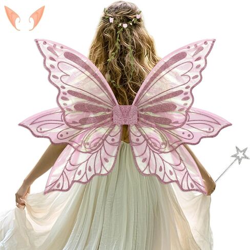 Large Fairy Wings Adult Women 35" Sparkle Butterfly Costume Set with Elf Ears Wreath Wand for Halloween Party in Saudi Arabia