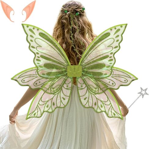 Large Fairy Wings Adult Women 35" Sparkle Butterfly Costume Set with Elf Ears Wreath Wand for Halloween Party in Saudi Arabia