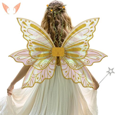 Large Fairy Wings Adult Women 35" Sparkle Butterfly Costume Set with Elf Ears Wreath Wand for Halloween Party in Saudi Arabia