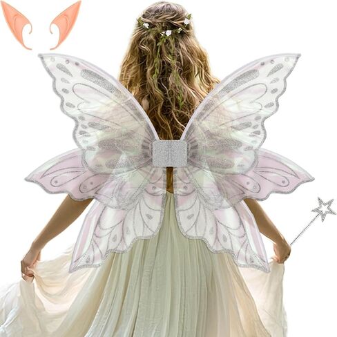 Large Fairy Wings Adult Women 35" Sparkle Butterfly Costume Set with Elf Ears Wreath Wand for Halloween Party in Saudi Arabia