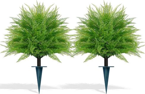 Artificial Fern Topiary Ball with Ground Spike, Set of 2 Faux Boston Fern Plants Shrub, Fake UV Resistant Evergreen Bushes for Porch Garden Indoor Outdoor Decor in Saudi Arabia
