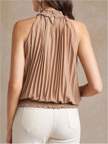 OYOANGLE Women's Pleated Halter Shirt Keyhole Back Sleeveless Puffy Blouse Frill Trim Shirred Tops in Saudi Arabia