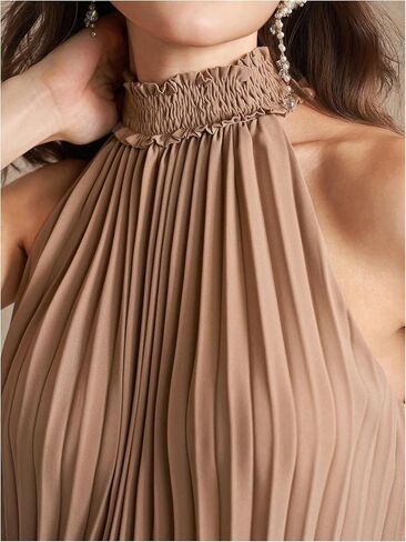 OYOANGLE Women's Pleated Halter Shirt Keyhole Back Sleeveless Puffy Blouse Frill Trim Shirred Tops in Saudi Arabia