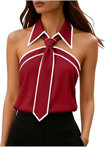 Tank Top for Women Dressy Solid Color Bow Tie Collar Fashion Sleeveless Blouses Halter Neck and Backless Tanks in Saudi Arabia