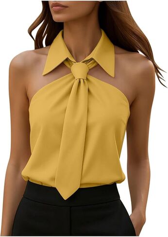 Tank Top for Women Dressy Solid Color Bow Tie Collar Fashion Sleeveless Blouses Halter Neck and Backless Tanks in Saudi Arabia