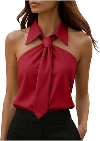 Tank Top for Women Dressy Solid Color Bow Tie Collar Fashion Sleeveless Blouses Halter Neck and Backless Tanks in Saudi Arabia