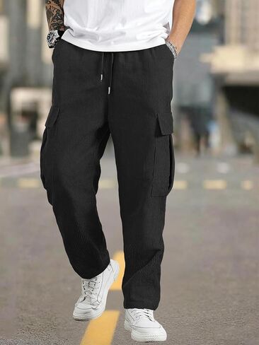 Men's Corduroy Cargo Joggers with Drawstring & Pockets - Casual Streetwear Sweatpants in Saudi Arabia