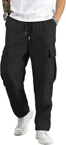 Men's Corduroy Cargo Joggers with Drawstring & Pockets - Casual Streetwear Sweatpants in Saudi Arabia