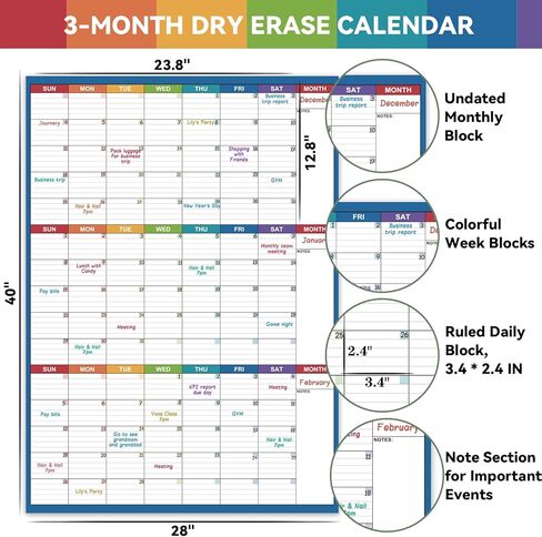 Large Dry Erase Calendar For Wall - Undated 3 Month Calendar, 28'' x 40'', Erasable & Reusable Laminated White Board, 8 Round Stickers, Vertical for Office, Home and School in Saudi Arabia