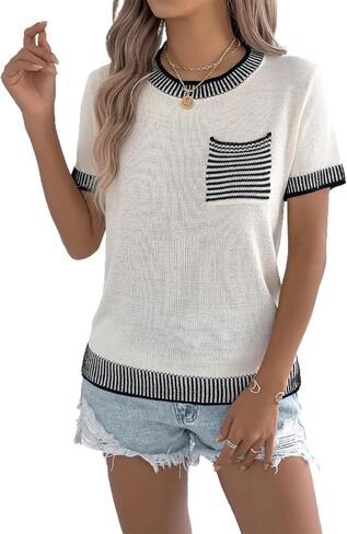 سترة نسائية متماسكة بأكمام قصيرة 2026 قطع علوية للربيع والصيف خفيفة الوزن غير رسمية بياقة دائرية بلوفر أنيق ملابس العمل in Kuwait