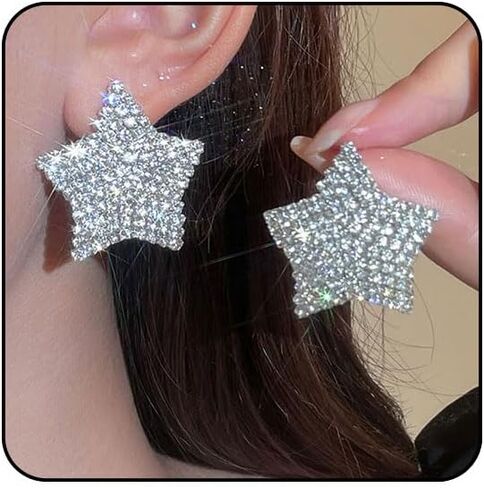 Rhinestone Silver Star Earrings Hot Pink Heart Earrings for Women Sparkly Black Earring Large Big Chunky Statement Stud Earring Bling Dainty Unique Trendy Jewelry in Saudi Arabia