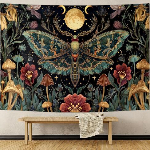 Moth Tapestry Boho Vintage Floral Art Aesthetic Tapestries, Moon Phase Botanical Mushroom Hippie Wall Art Decor Poster Hanging, Backdrop Banner for Bedroom, Living Room Dorm Home Decorations 60Lx40W in Saudi Arabia