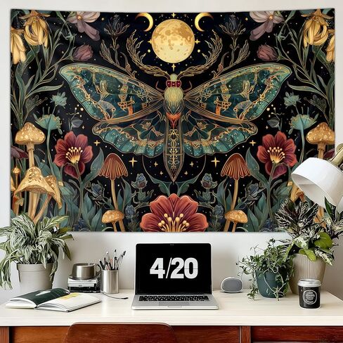 Moth Tapestry Boho Vintage Floral Art Aesthetic Tapestries, Moon Phase Botanical Mushroom Hippie Wall Art Decor Poster Hanging, Backdrop Banner for Bedroom, Living Room Dorm Home Decorations 60Lx40W in Saudi Arabia