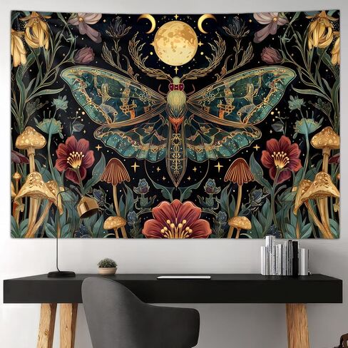 Moth Tapestry Boho Vintage Floral Art Aesthetic Tapestries, Moon Phase Botanical Mushroom Hippie Wall Art Decor Poster Hanging, Backdrop Banner for Bedroom, Living Room Dorm Home Decorations 60Lx40W in Saudi Arabia